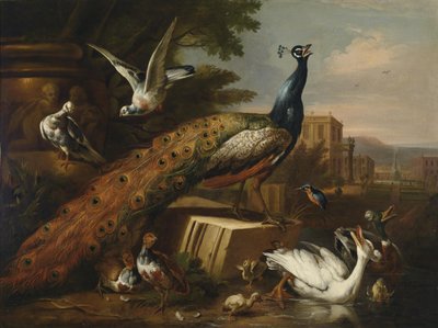 A Peacock Surrounded by Pigeons, Chickens, and Waterfowl in a Castle Park by Follower of Pieter Casteels III